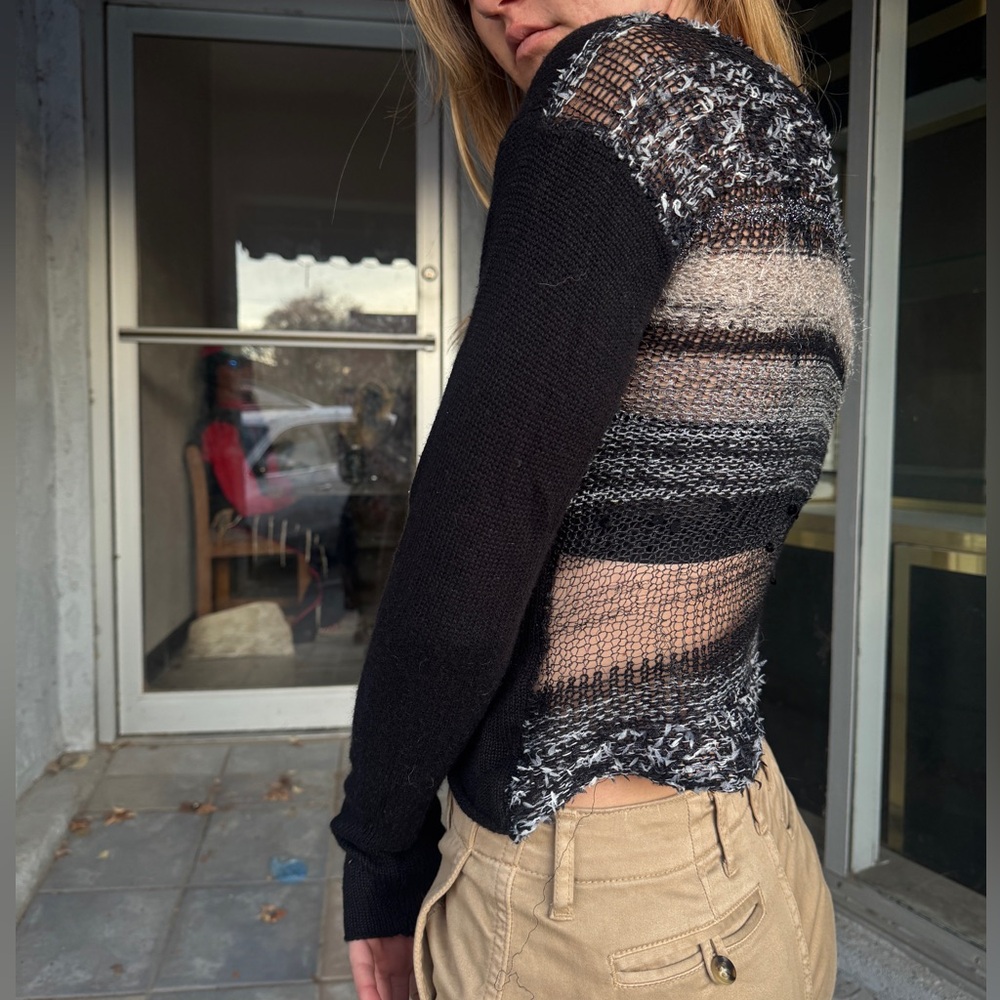 Souchi Hand Loomed Cashmere Sweater Petite P Sheer Open Weave Back Artisan USA